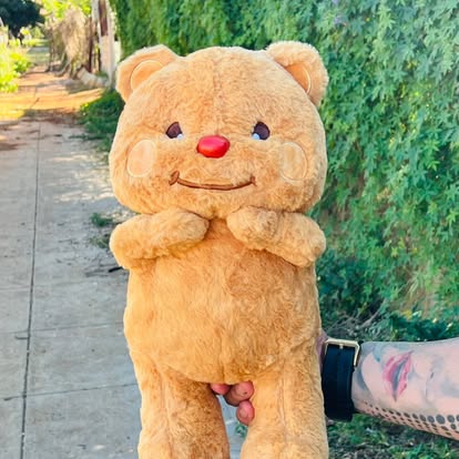 Peluche de osito color miel, con cuerpo alargado y nariz roja.