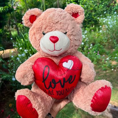 Osito de tono rosado sosteniendo un corazón rojo con mensaje de amor.