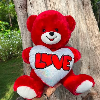 Peluche de osito rojo que sostiene un corazón blanco con la palabra Love.